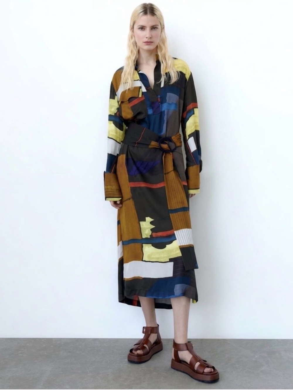 ZARA Abstract Geometric Print Belted Maxi Shirt Dress Small Long Sleeve